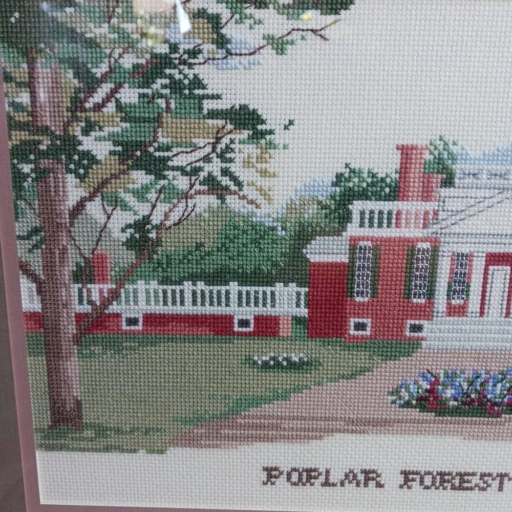 Vintage Cross Stitch Framed Poplar Forest Thomas Jefferson Plantation 20x16